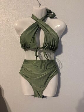 Cross-Halter High-Waist Bikini in Olive Green